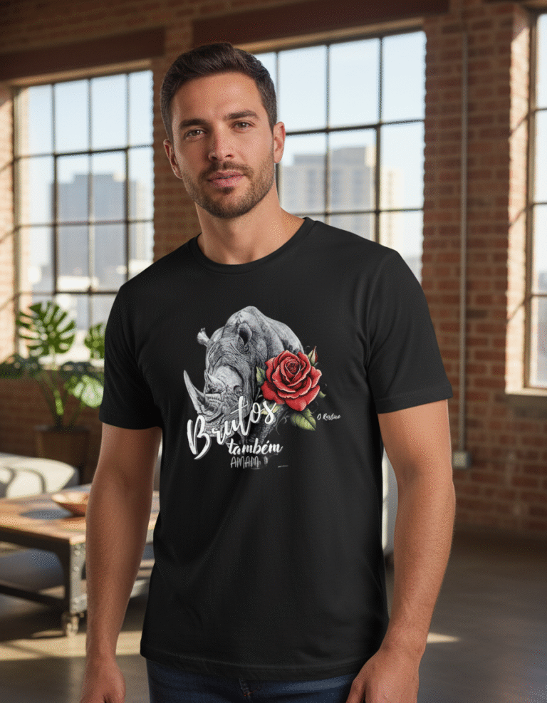 Camiseta Brutos também AMAM | Rinoceronte, Rosas e Humor O Rústico